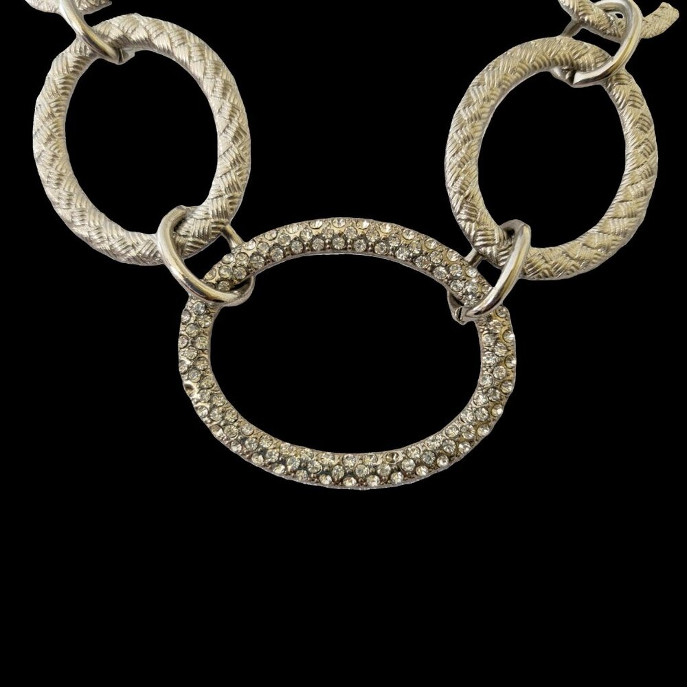 Silver Tone Textured Link Necklace Rhinestone Pavé Circle Statement Adjustable - Picture 9 of 10